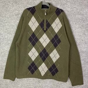 Paolo Mondo‎ Green Argyle 1/4 Zip 100% Cashmere Size XL